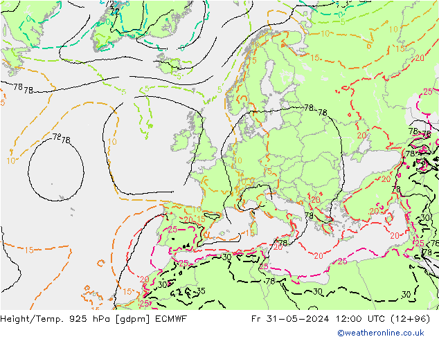 Yükseklik/Sıc. 925 hPa ECMWF Cu 31.05.2024 12 UTC