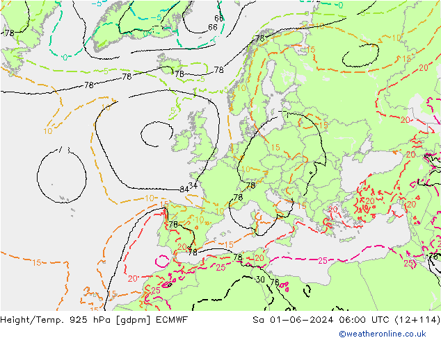 Yükseklik/Sıc. 925 hPa ECMWF Cts 01.06.2024 06 UTC