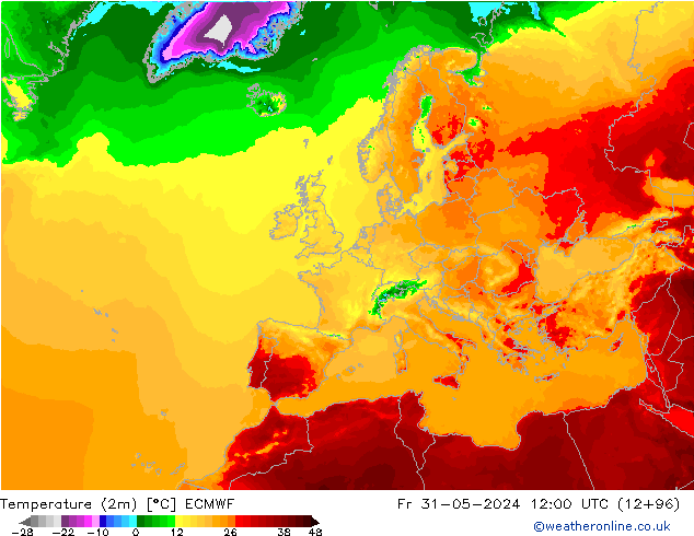 Temperature (2m) ECMWF Pá 31.05.2024 12 UTC