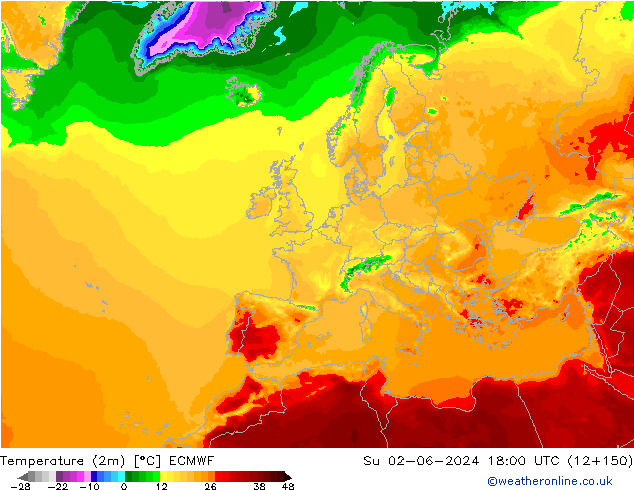 mapa temperatury (2m) ECMWF nie. 02.06.2024 18 UTC