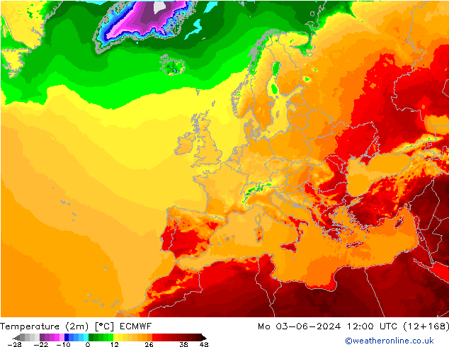 Temperatura (2m) ECMWF Seg 03.06.2024 12 UTC