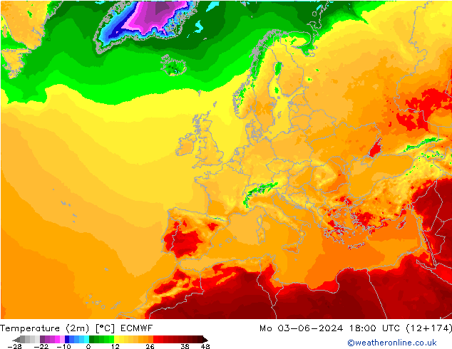 Temperatura (2m) ECMWF lun 03.06.2024 18 UTC