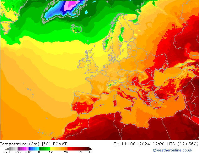 Temperaturkarte (2m) ECMWF Di 11.06.2024 12 UTC