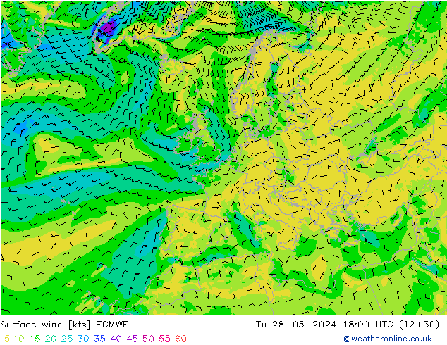 Vent 10 m ECMWF mar 28.05.2024 18 UTC