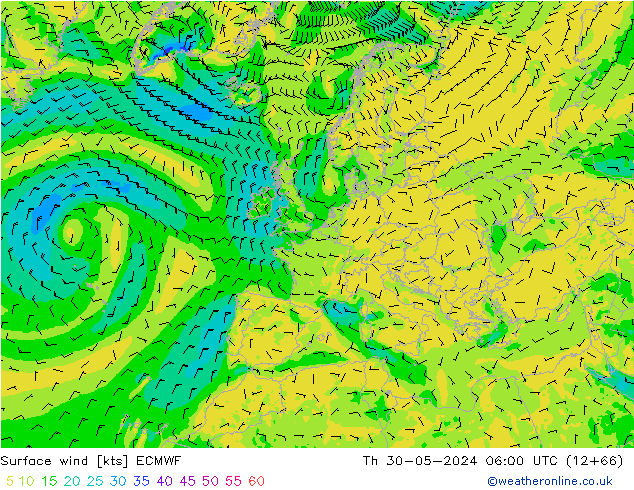 Surface wind ECMWF Čt 30.05.2024 06 UTC