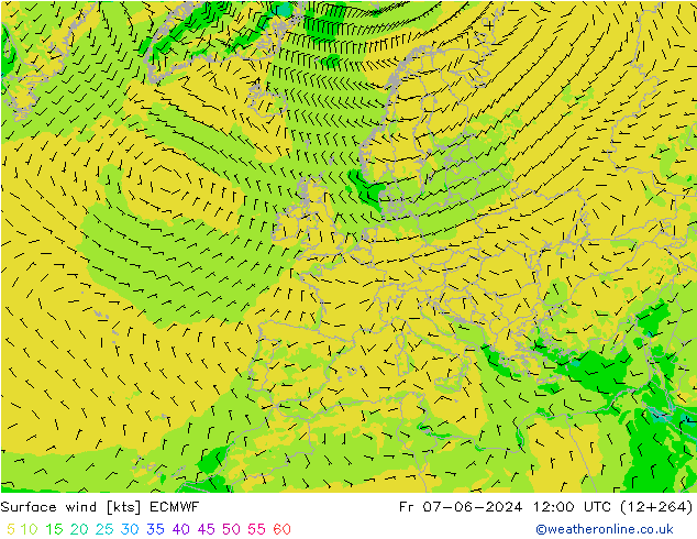 Viento 10 m ECMWF vie 07.06.2024 12 UTC