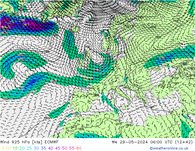 Vent 925 hPa ECMWF mer 29.05.2024 06 UTC