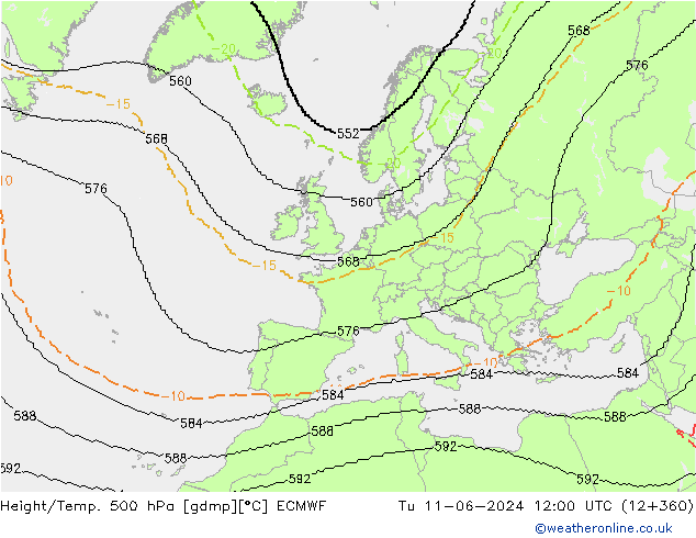 Height/Temp. 500 hPa ECMWF Di 11.06.2024 12 UTC