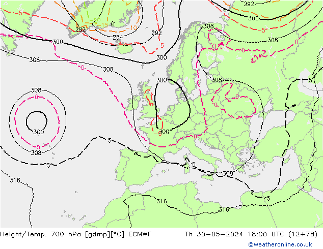 Height/Temp. 700 hPa ECMWF Do 30.05.2024 18 UTC