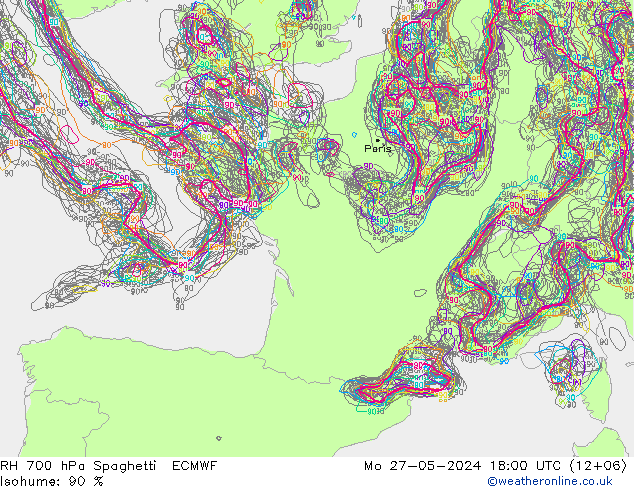 RH 700 hPa Spaghetti ECMWF Po 27.05.2024 18 UTC