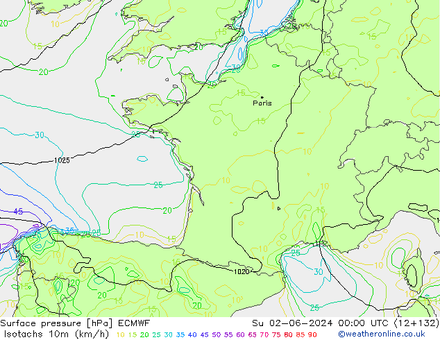 Isotachs (kph) ECMWF Dom 02.06.2024 00 UTC