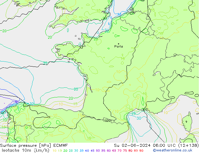 Isotachs (kph) ECMWF Ne 02.06.2024 06 UTC