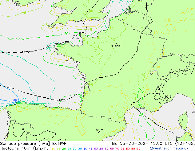 Isotachen (km/h) ECMWF ma 03.06.2024 12 UTC