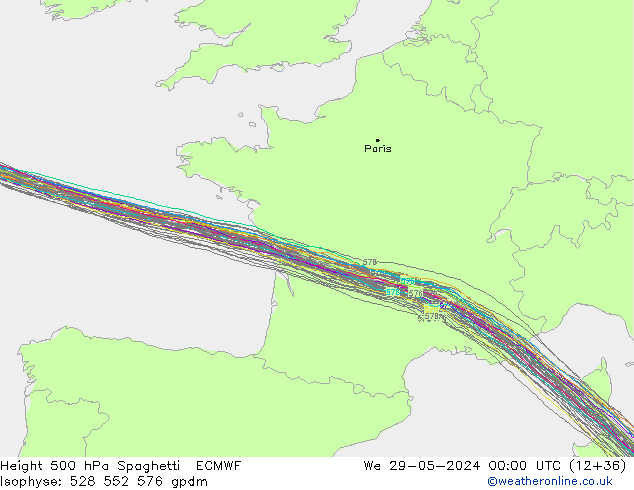 Height 500 hPa Spaghetti ECMWF We 29.05.2024 00 UTC