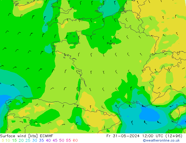 Viento 10 m ECMWF vie 31.05.2024 12 UTC