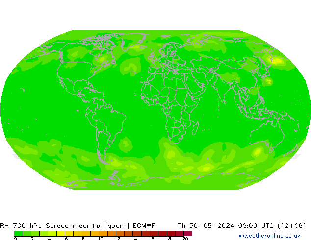 RH 700 hPa Spread ECMWF Čt 30.05.2024 06 UTC