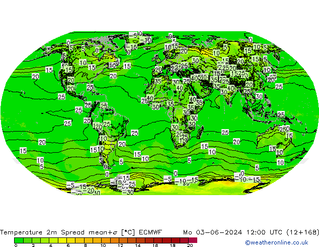 Temperatura 2m Spread ECMWF lun 03.06.2024 12 UTC