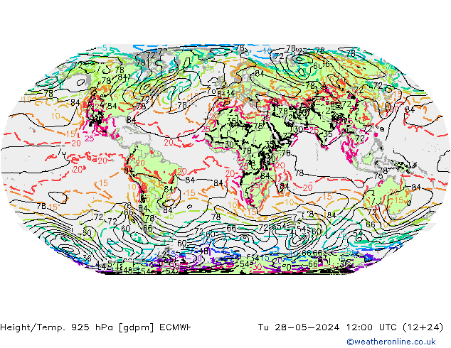 Height/Temp. 925 hPa ECMWF Út 28.05.2024 12 UTC