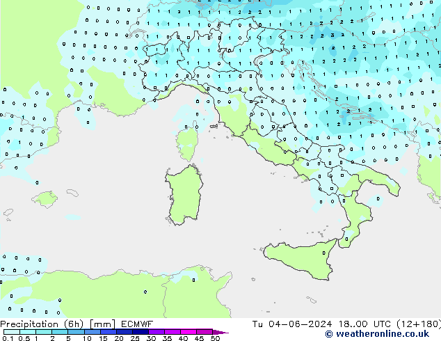 Precipitation (6h) ECMWF Tu 04.06.2024 00 UTC