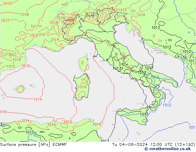 Surface pressure ECMWF Tu 04.06.2024 12 UTC