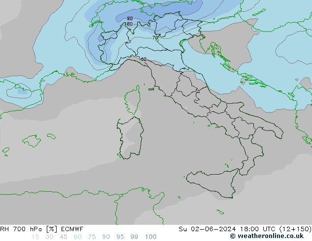 RH 700 hPa ECMWF nie. 02.06.2024 18 UTC