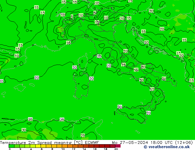 Temperatuurkaart Spread ECMWF ma 27.05.2024 18 UTC