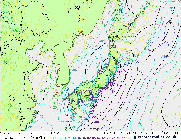 Isotachs (kph) ECMWF Út 28.05.2024 12 UTC