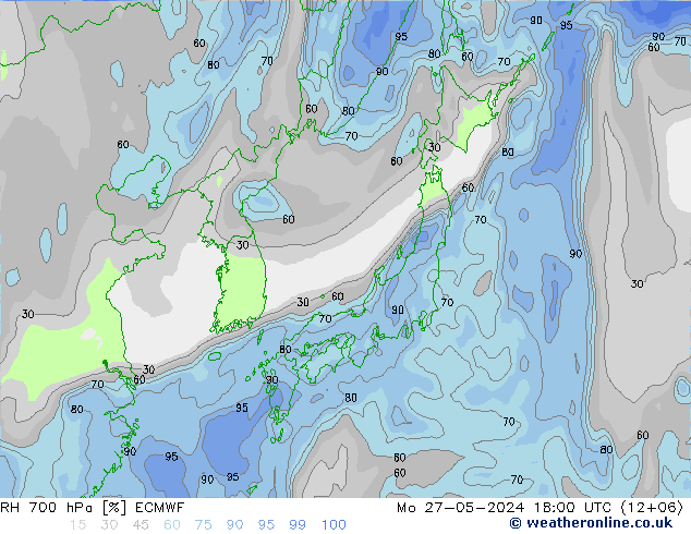Humidité rel. 700 hPa ECMWF lun 27.05.2024 18 UTC