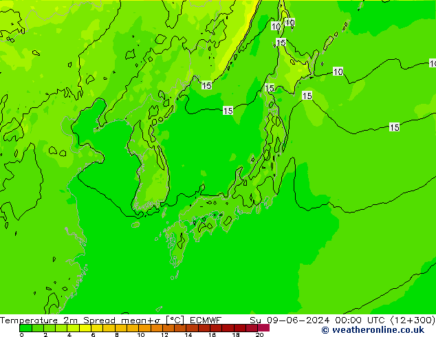 Temperature 2m Spread ECMWF Su 09.06.2024 00 UTC