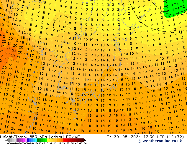 Hoogte/Temp. 850 hPa ECMWF do 30.05.2024 12 UTC