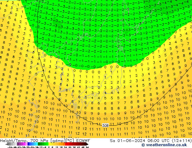 Hoogte/Temp. 700 hPa ECMWF za 01.06.2024 06 UTC