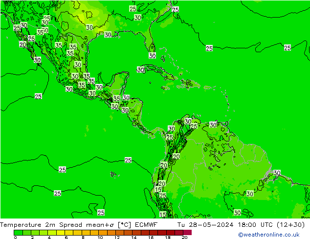 Temperature 2m Spread ECMWF Út 28.05.2024 18 UTC