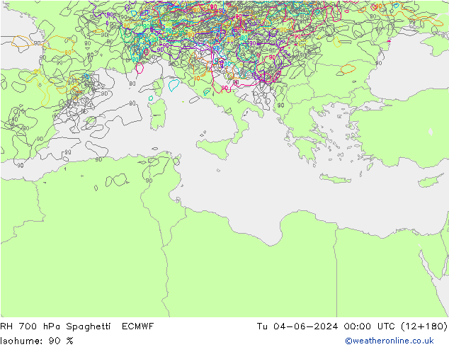 Humidité rel. 700 hPa Spaghetti ECMWF mar 04.06.2024 00 UTC