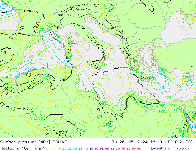 Isotachs (kph) ECMWF mar 28.05.2024 18 UTC