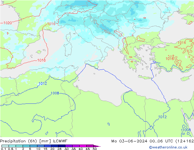 Precipitación (6h) ECMWF lun 03.06.2024 06 UTC