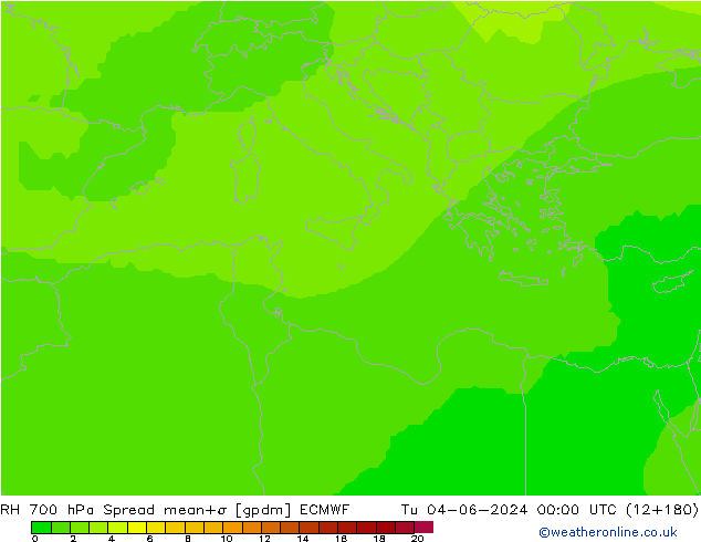 RH 700 hPa Spread ECMWF Út 04.06.2024 00 UTC