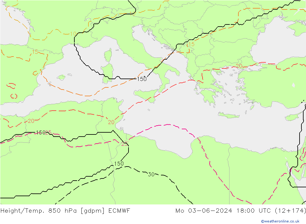 Height/Temp. 850 hPa ECMWF Mo 03.06.2024 18 UTC