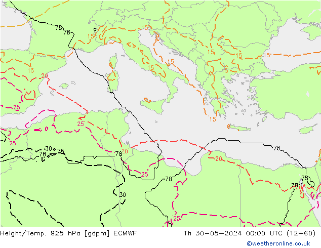 Height/Temp. 925 hPa ECMWF Čt 30.05.2024 00 UTC