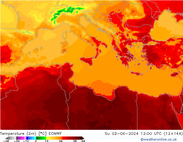 Temperature (2m) ECMWF Su 02.06.2024 12 UTC