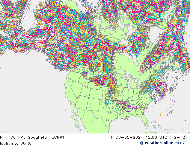 RH 700 гПа Spaghetti ECMWF чт 30.05.2024 12 UTC