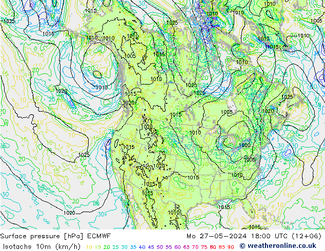 Isotachs (kph) ECMWF lun 27.05.2024 18 UTC