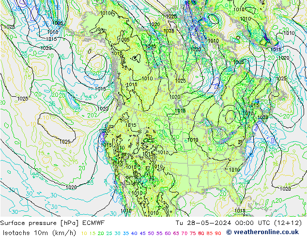 Isotachs (kph) ECMWF вт 28.05.2024 00 UTC