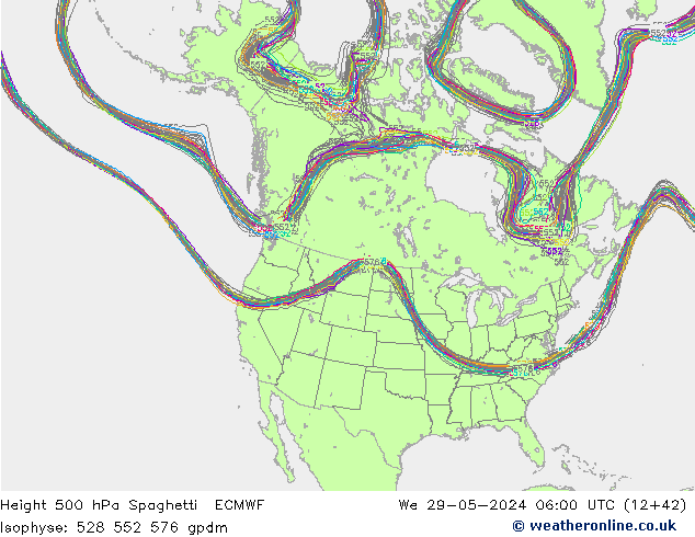 Geop. 500 hPa Spaghetti ECMWF mié 29.05.2024 06 UTC