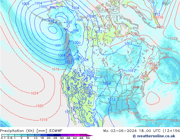 Precipitation (6h) ECMWF Po 03.06.2024 00 UTC