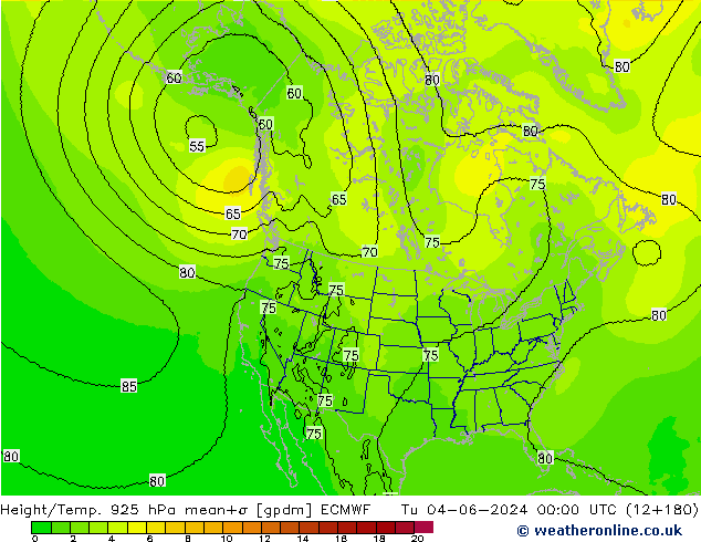 Height/Temp. 925 hPa ECMWF Út 04.06.2024 00 UTC