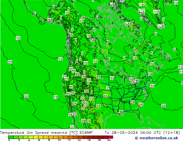 Temperatura 2m Spread ECMWF mar 28.05.2024 06 UTC