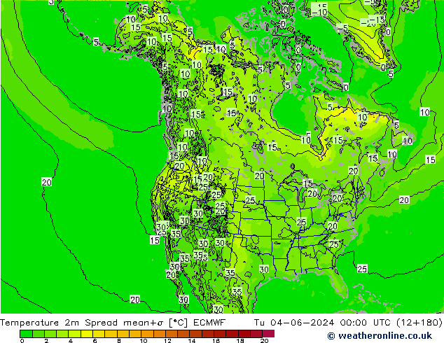 Temperature 2m Spread ECMWF Út 04.06.2024 00 UTC