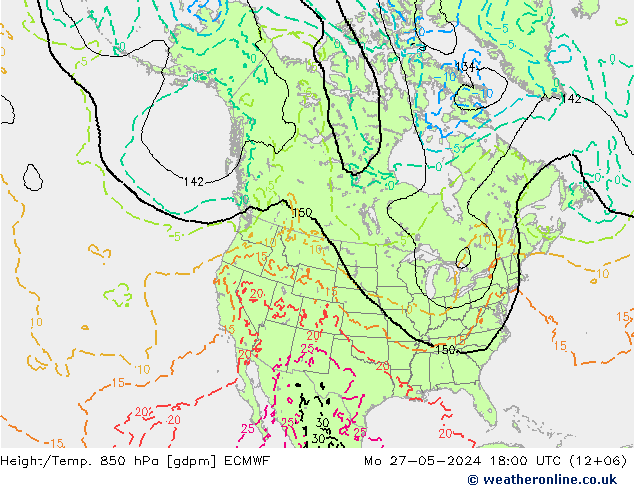 Height/Temp. 850 hPa ECMWF pon. 27.05.2024 18 UTC