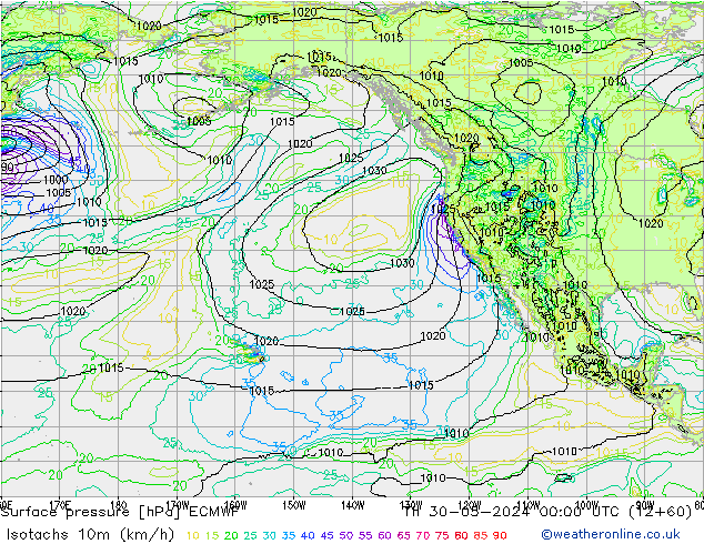 Isotachs (kph) ECMWF gio 30.05.2024 00 UTC