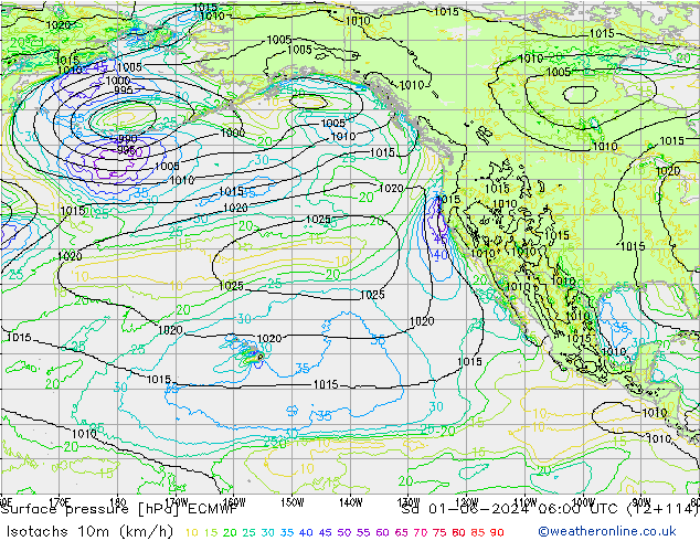 Isotachs (kph) ECMWF Sa 01.06.2024 06 UTC